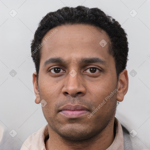 Neutral latino young-adult male with short  black hair and brown eyes
