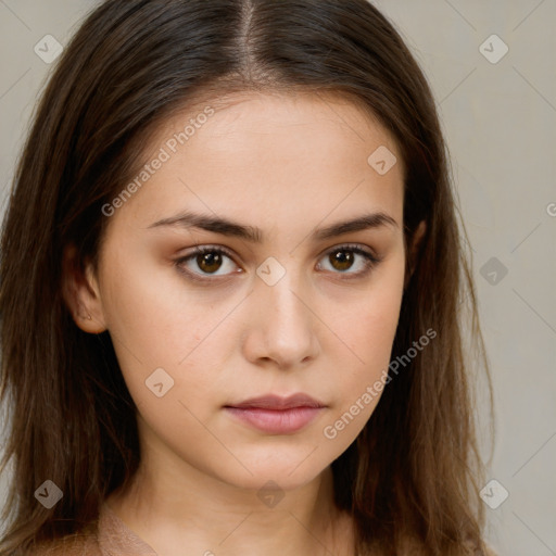 Neutral white young-adult female with long  brown hair and brown eyes