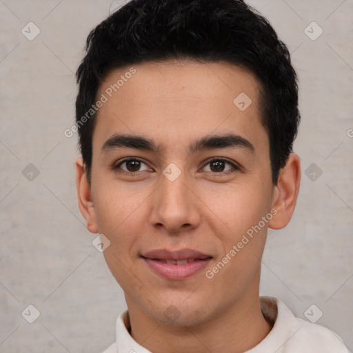 Joyful white young-adult male with short  black hair and brown eyes