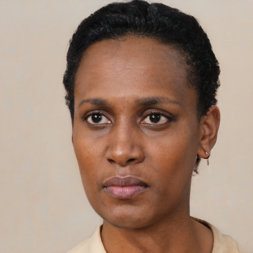 Neutral black young-adult female with short  black hair and brown eyes