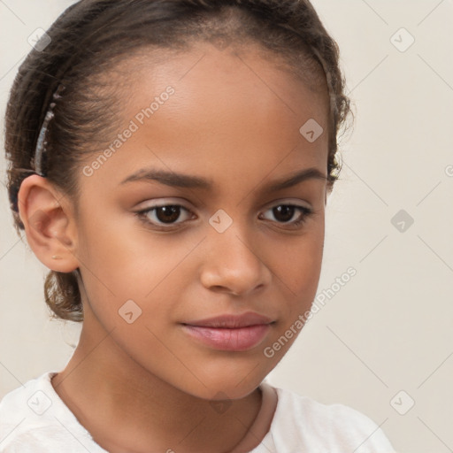 Joyful white child female with short  brown hair and brown eyes