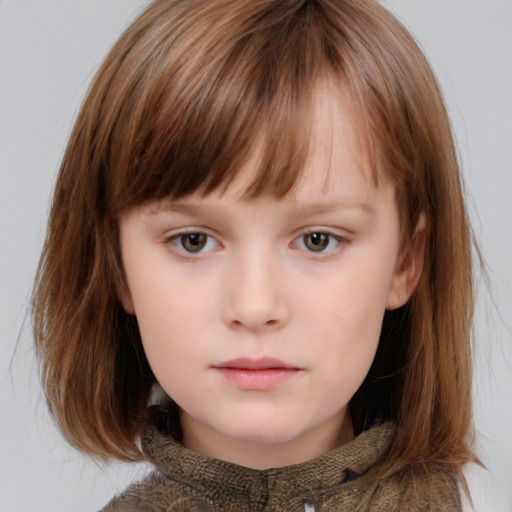 Neutral white child female with medium  brown hair and grey eyes