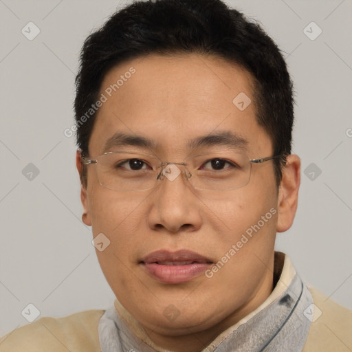 Joyful latino adult male with short  brown hair and brown eyes