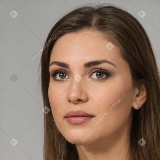 Neutral white young-adult female with long  brown hair and brown eyes