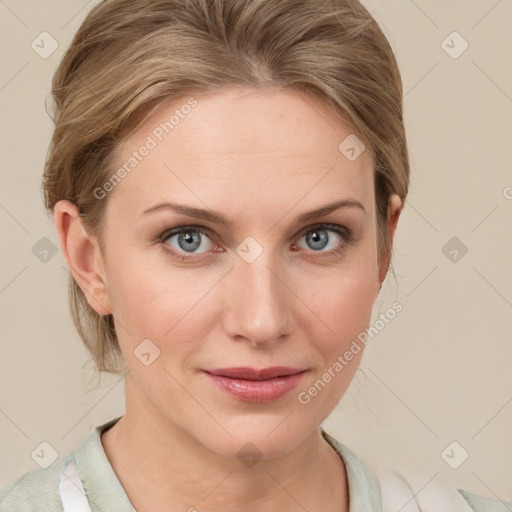 Joyful white young-adult female with medium  brown hair and blue eyes