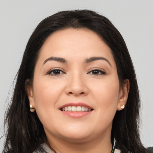 Joyful white young-adult female with long  brown hair and brown eyes