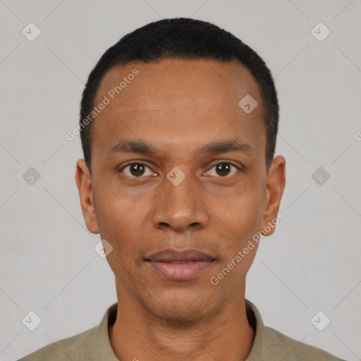 Neutral black young-adult male with short  black hair and brown eyes