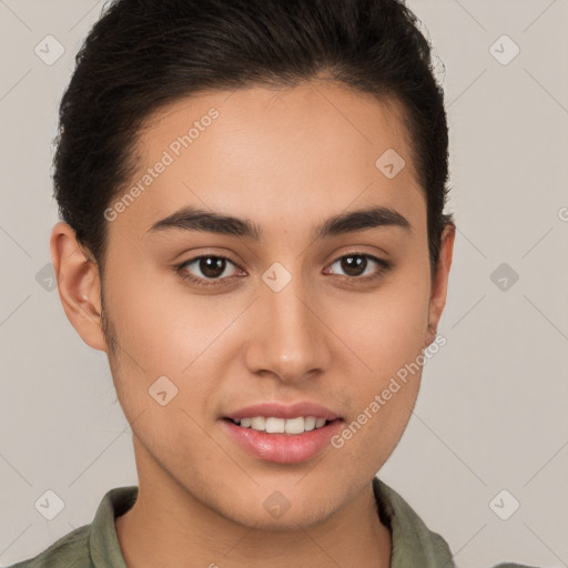 Joyful white young-adult male with short  brown hair and brown eyes