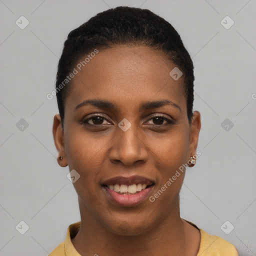 Joyful black young-adult female with short  black hair and brown eyes