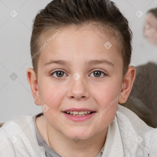 Joyful white child female with short  brown hair and brown eyes