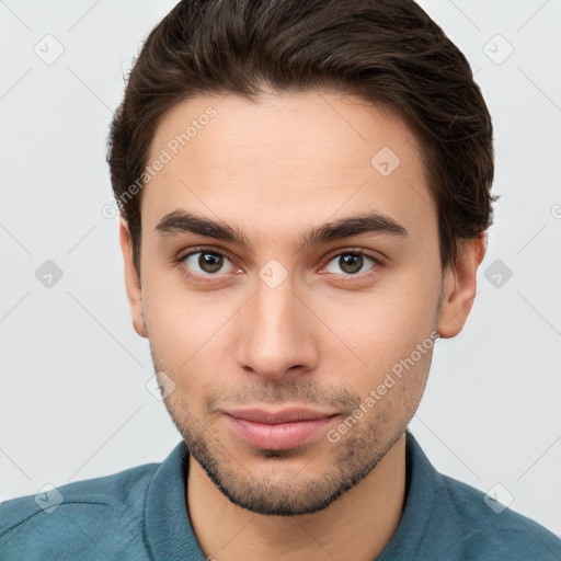 Neutral white young-adult male with short  brown hair and brown eyes