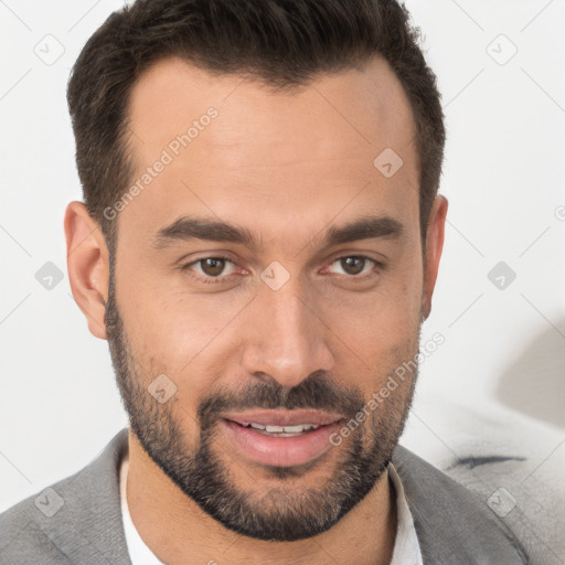 Joyful white young-adult male with short  brown hair and brown eyes