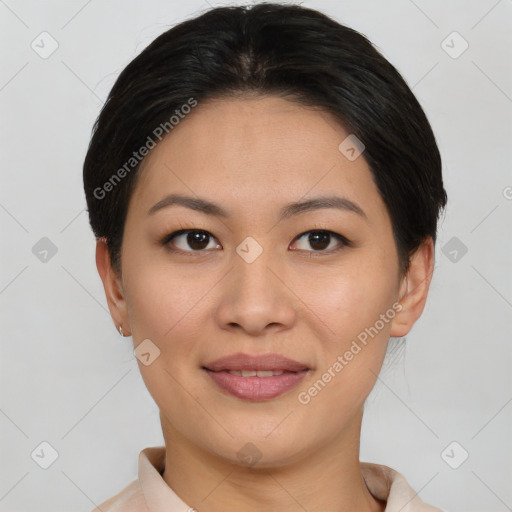 Joyful asian young-adult female with short  brown hair and brown eyes