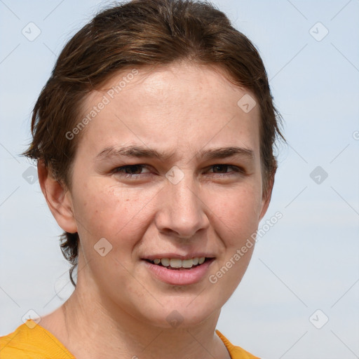 Joyful white young-adult female with short  brown hair and brown eyes