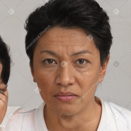 Neutral white adult female with short  brown hair and brown eyes