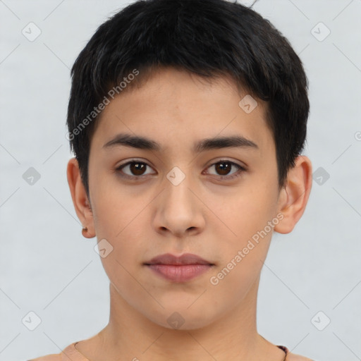 Neutral latino young-adult male with short  brown hair and brown eyes