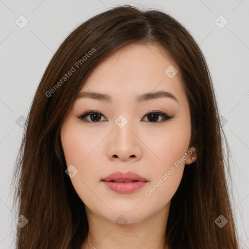 Neutral asian young-adult female with long  brown hair and brown eyes