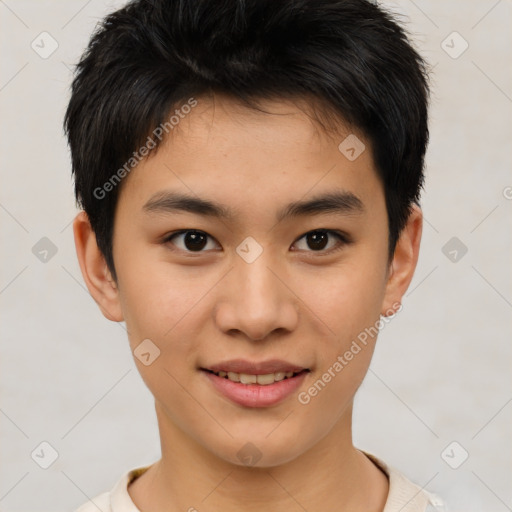 Joyful asian young-adult male with short  brown hair and brown eyes