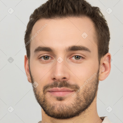 Neutral white young-adult male with short  brown hair and brown eyes