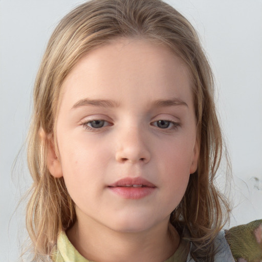 Neutral white child female with medium  brown hair and grey eyes