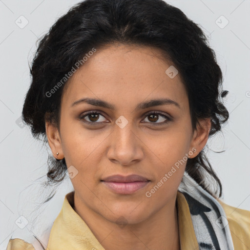 Joyful latino young-adult female with long  brown hair and brown eyes