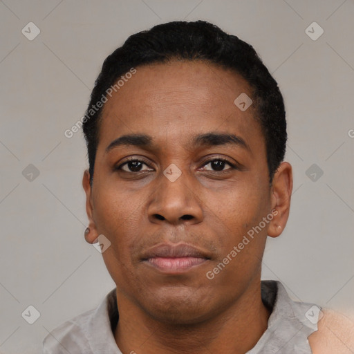 Neutral black adult male with short  black hair and brown eyes