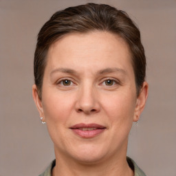 Joyful white adult female with short  brown hair and grey eyes