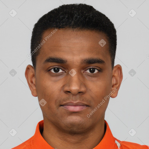 Neutral black young-adult male with short  black hair and brown eyes
