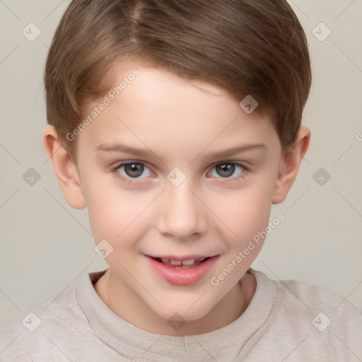 Joyful white child female with short  brown hair and brown eyes