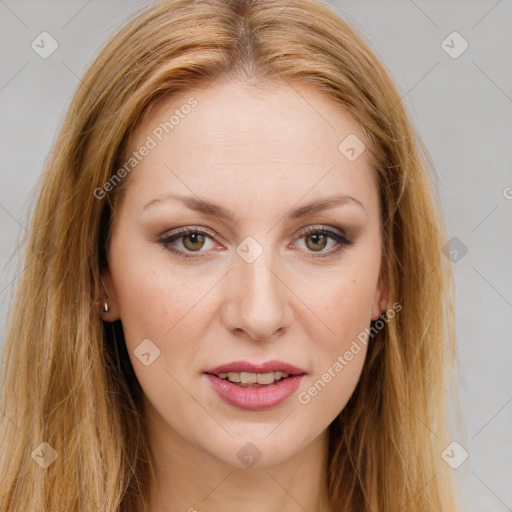 Joyful white young-adult female with long  brown hair and brown eyes