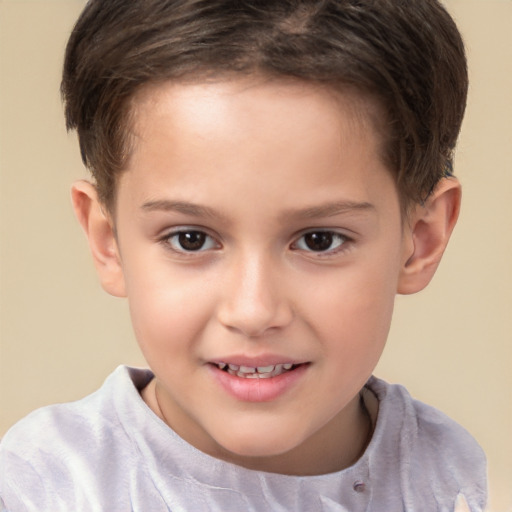 Joyful white child female with short  brown hair and brown eyes