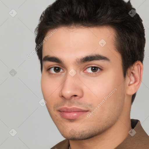 Neutral white young-adult male with short  brown hair and brown eyes