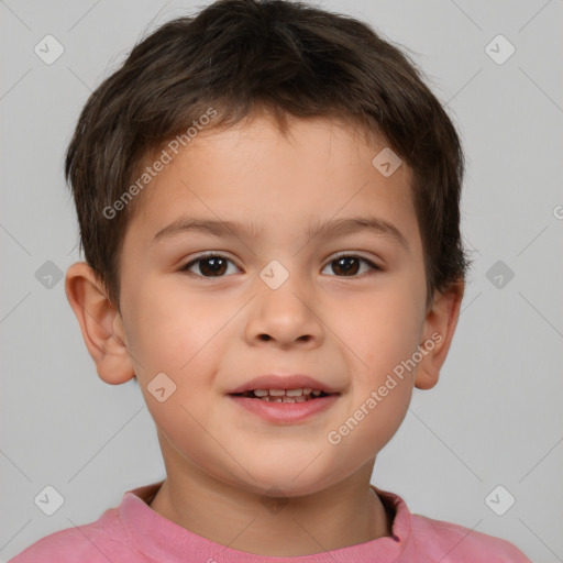 Joyful white child male with short  brown hair and brown eyes