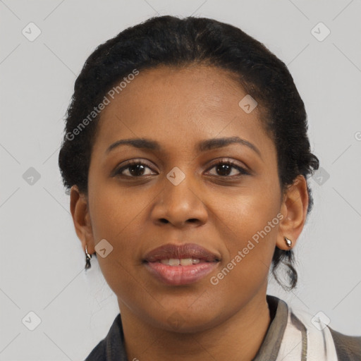 Joyful latino young-adult female with short  brown hair and brown eyes