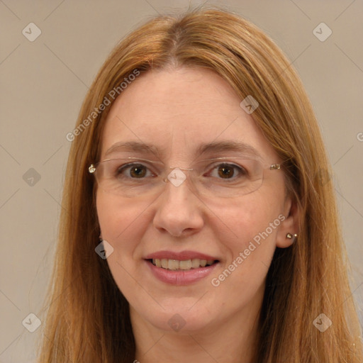 Joyful white adult female with long  brown hair and brown eyes