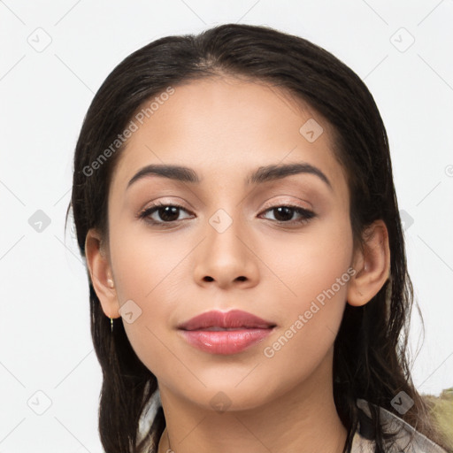 Neutral white young-adult female with long  brown hair and brown eyes