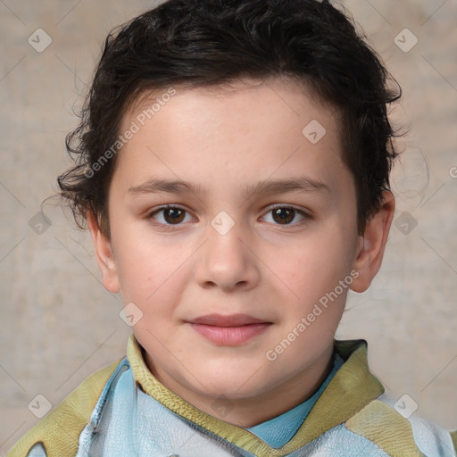 Joyful white child female with short  brown hair and brown eyes