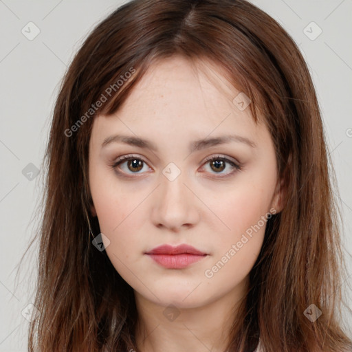 Neutral white young-adult female with long  brown hair and brown eyes