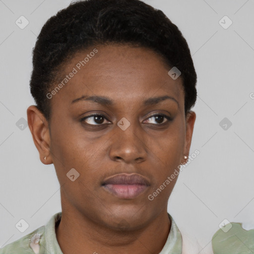 Neutral black young-adult female with short  brown hair and brown eyes