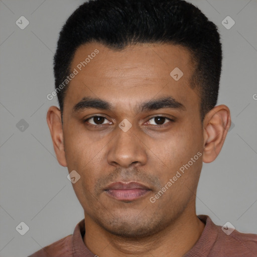 Neutral latino young-adult male with short  black hair and brown eyes
