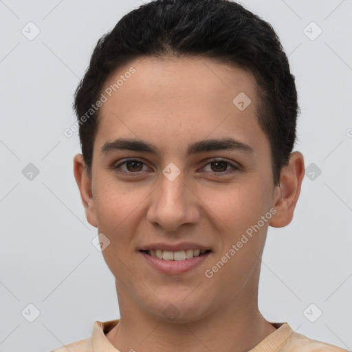 Joyful white young-adult male with short  brown hair and brown eyes