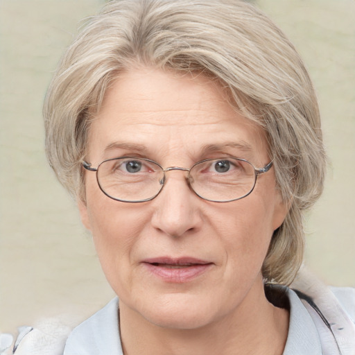 Joyful white middle-aged female with medium  brown hair and blue eyes