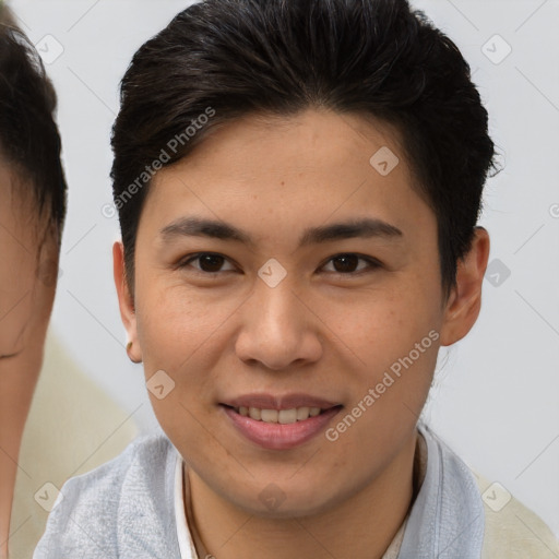 Joyful asian young-adult female with short  brown hair and brown eyes