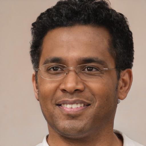Joyful black adult male with short  black hair and brown eyes