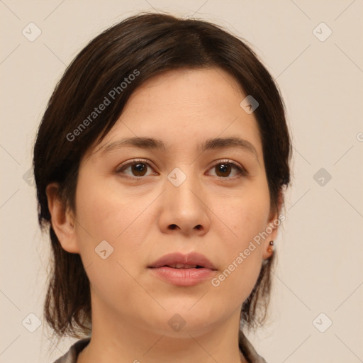 Neutral white young-adult female with medium  brown hair and brown eyes