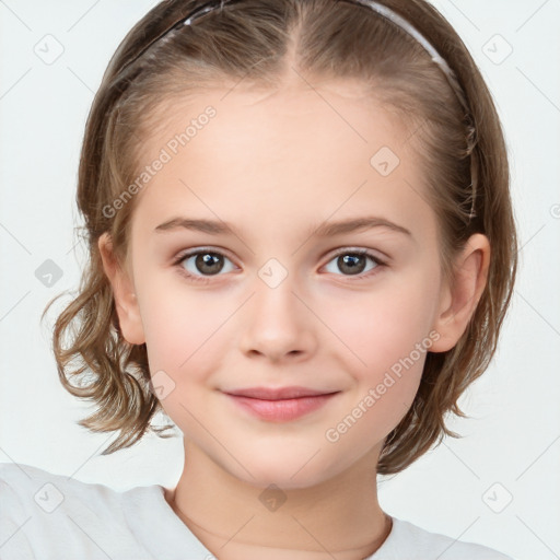 Joyful white child female with medium  brown hair and brown eyes