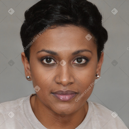 Joyful black young-adult female with short  brown hair and brown eyes