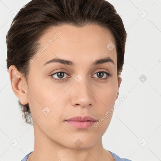 Neutral white young-adult female with short  brown hair and brown eyes