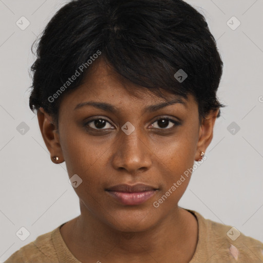 Neutral asian young-adult female with short  brown hair and brown eyes