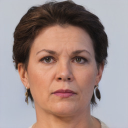 Neutral white adult female with short  brown hair and brown eyes